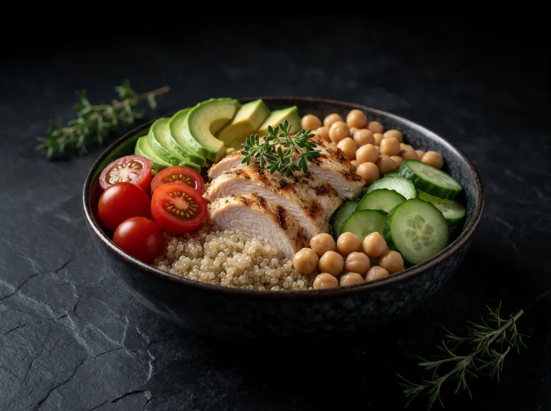 Bowl colorido com quinoa, frango, abacate, grão-de-bico e pepino
