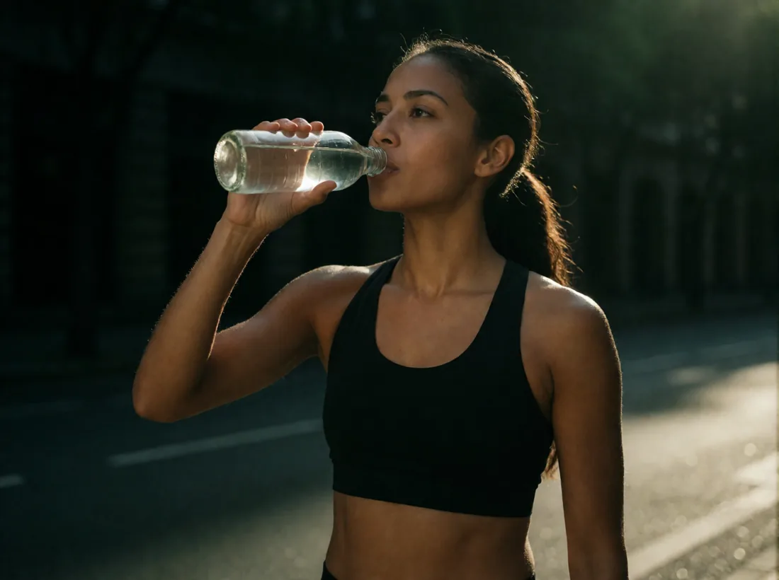 Corredora se hidratando após treino ao amanhecer