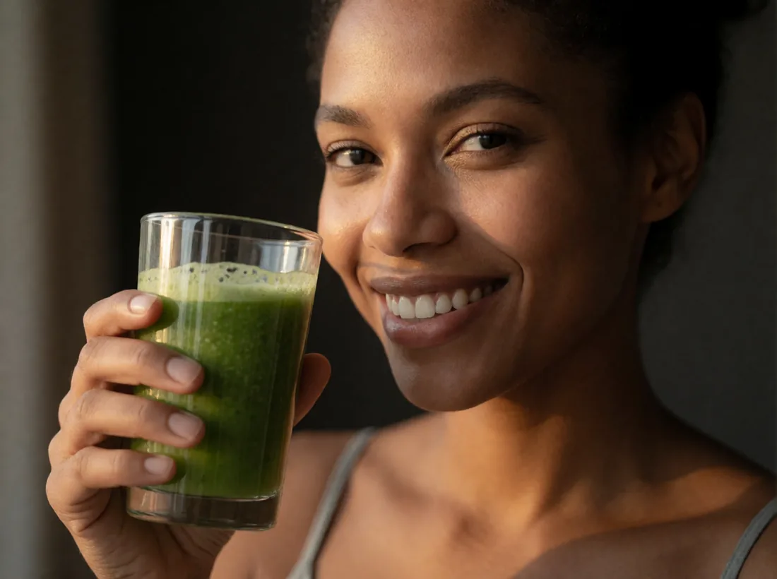 Mulher sorrindo segurando copo de suco verde