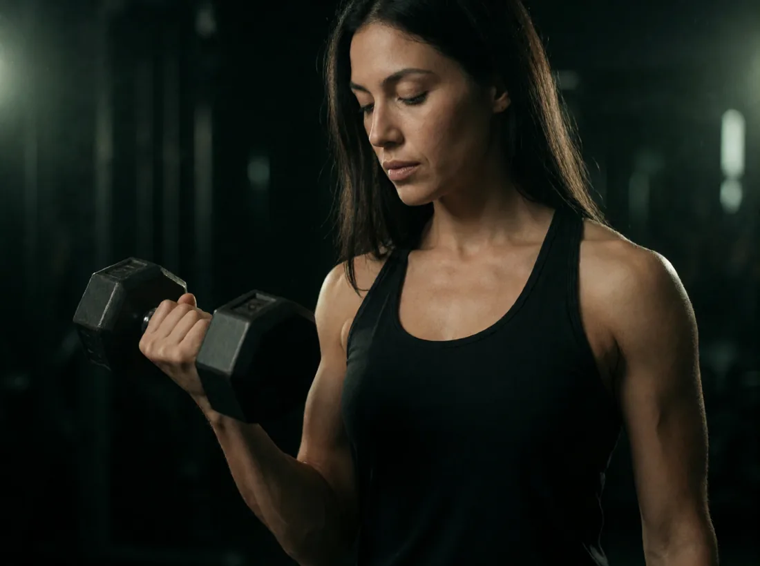 Mulher treinando rosca com halter em academia